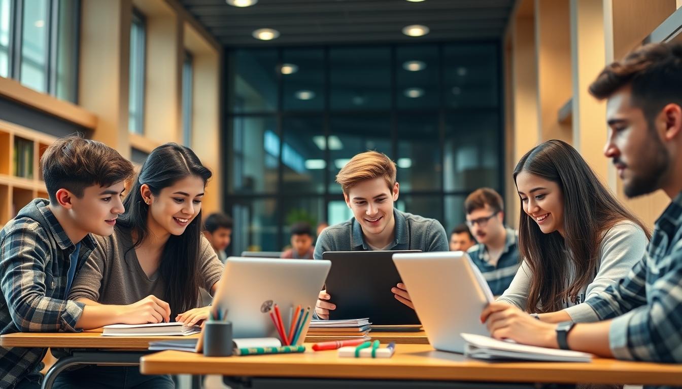 Students studying together in modern classroom